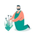 Illustration with cute cartoon gardener man in overall taking care of plants Royalty Free Stock Photo